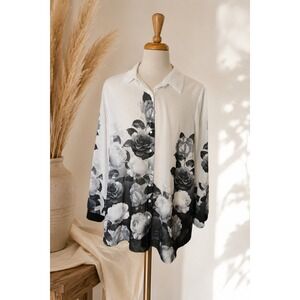 City Chic Womens Plus Size M/18 Monochrome Floral Button Down Blouse White Black